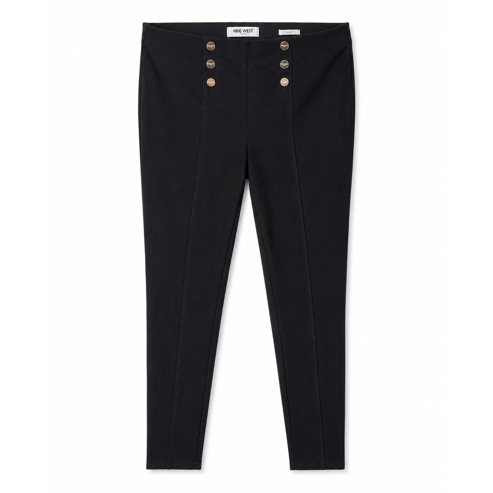 Nine West Womens 6/28 Black Skinny Trouser Pants Gold Button Stretch Pull On